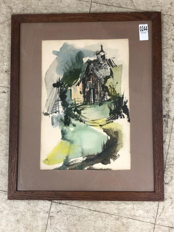 MID CENTURY IMPRESSIONIST W/C OF BUILDING, SIGNED: MID CENTURY IMPRESSIONIST W/C OF BUILDING, SIGNED GORDON, CIRCA 1950'S, IN OAK FRAME OF THE PERIOD. PAINTING MEASURES 16" X 11". FROM HUDSON VALLEY ESTATE.