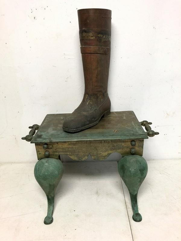 BRASS & COPPER LOT (2) PCS. HEAVY BRASS STAND, WITH: BRASS & COPPER LOT (2) PCS. HEAVY BRASS STAND, WITH GREENISH PATINA (MEASURES 21" LONG X 11" FRONT TO BACK X 11" HIGH ) & COPPER BOOT (MEASURES 16" HIGH )â€¦FROM CLOSING ANTIQUE CENTER IN KINGSTON