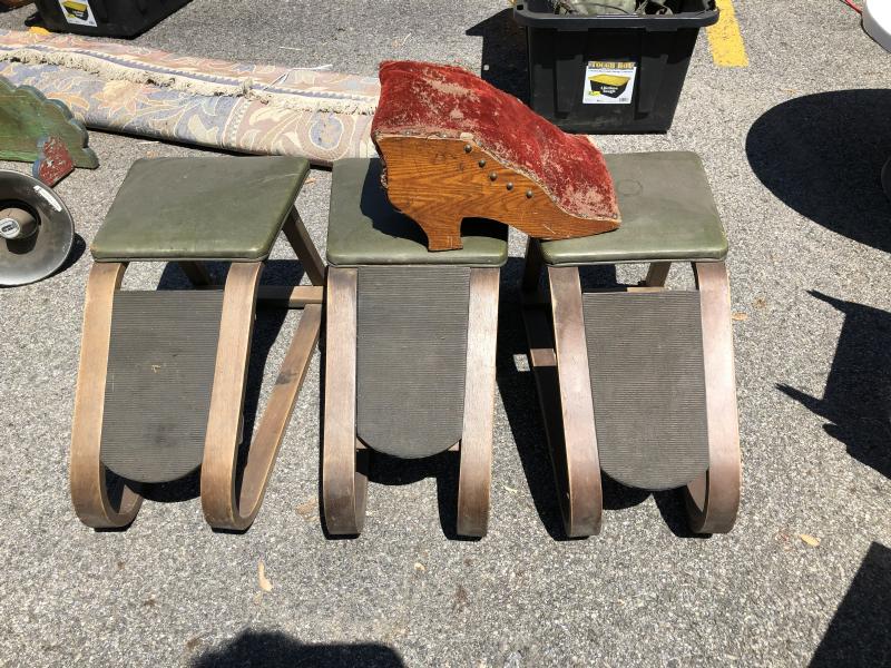 (3) OLDER SHOE STORE STOOLS FOR TRYING ON SHOES, AND: (3) OLDER SHOE STORE STOOLS FOR TRYING ON SHOES, AND CIRCA 1900 FOOT STOOL SHAPED LIKE AN OLD SHOE. FROM CLOSING ANTIQUE CENTER IN KINGSTON.