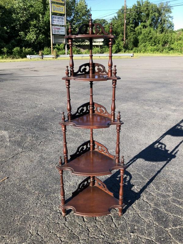DIMINUTIVE VICTORIAN WALNUT WHAT NOT CORNER SHELF UNIT,: DIMINUTIVE VICTORIAN WALNUT WHAT NOT CORNER SHELF UNIT, IN NICE ORIGINAL CONDITION, STRUCTURALLY SOUND. MEASURES 57.5" HIGH. FROM WESTCHESTER ESTATE.