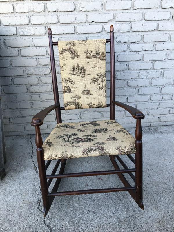 SHAKER (?) OR SHAKER LIKE ROCKING CHAIR, NO MARKINGS,: SHAKER (?) OR SHAKER LIKE ROCKING CHAIR, NO MARKINGS, FABRIC OLDER COVERS, MEASURES 38" HIGH. FROM WESTCHESTER ESTATE.