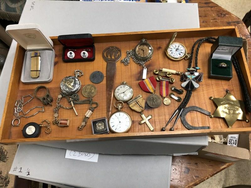 ESTATE LOT MISC. SMALLS INCL. OLDER & NEWER: ESTATE LOT MISC. SMALLS INCL. OLDER & NEWER POCKETWATCHES, PINS, MEDALS, ETC. FROM LOCAL ESTATE. OLDER WATCHES ARE AS IS, INCLUDES WALTHAM OPEN FACE & ELGIN OPEN FACE. ALSO 1827 LARGE NICKEL WITH DRIL
