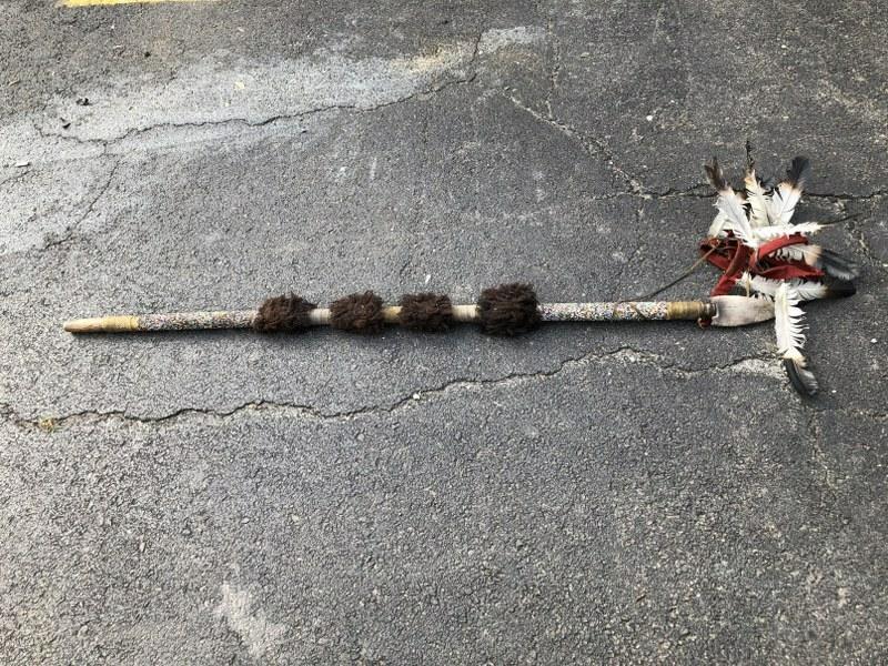 CONTEMPORARY SPEAR, WITH BEADING, STONE HEAD IS BROKEN: CONTEMPORARY SPEAR, WITH BEADING, STONE HEAD IS BROKEN OFF, BUT THERE, UNSURE OF ORIGIN, MEASURES 66" LONG.