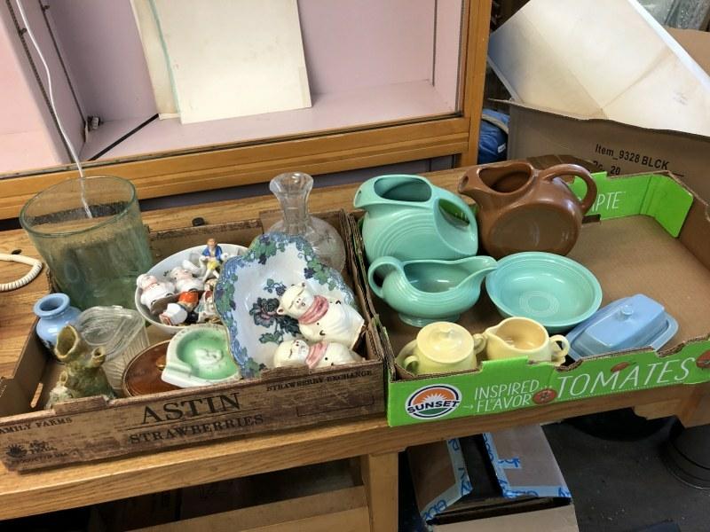 (2) BOXES MISC. PORCELAIN, GLASSWARE, ETC. FROM NYC: (2) BOXES MISC. PORCELAIN, GLASSWARE, ETC. FROM NYC ESTATE, INCL. SOME FIESTA WARE. GOOD LOT FOR A DEALER TO SORT OUTâ€¦