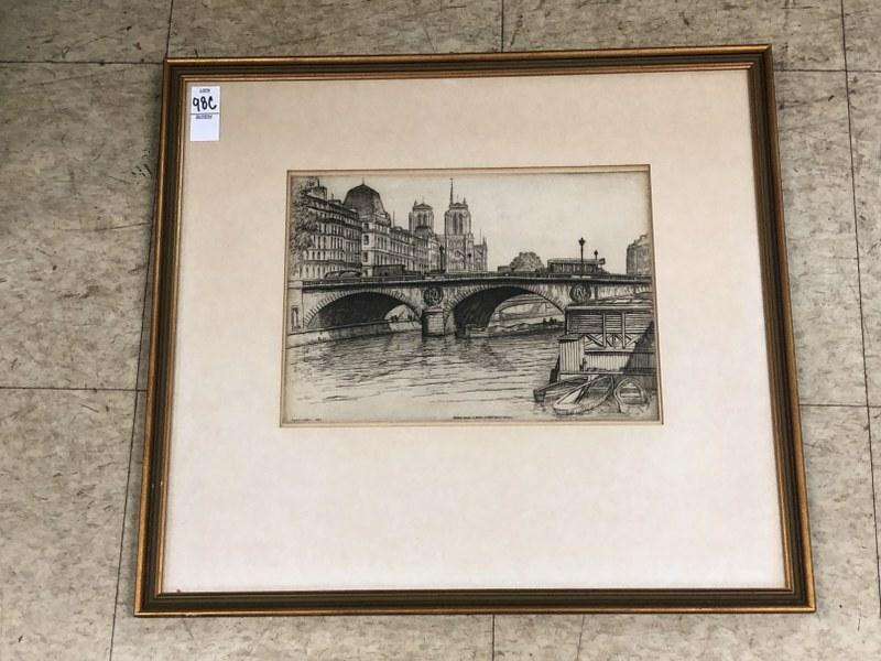 CAROLINE HELENA ARMINGTON (1875-1939) ENGRAVING NOTRE: CAROLINE HELENA ARMINGTON (1875-1939) ENGRAVING NOTRE DAME DE PARIS ET POINT SAINT MICHEL, 1935. VERY NICE ESTATE FOUND CONDITION, IMAGE MEASURES 10" X 13", IN OLDER FRAME AND MATTED.