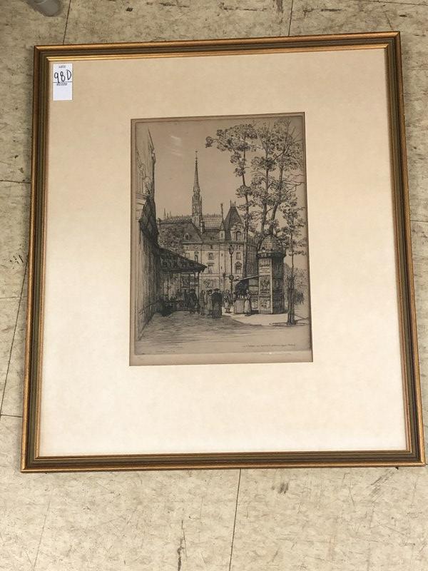 CAROLINE HELENA ARMINGTON (1875-1939), ENGRAVING,: CAROLINE HELENA ARMINGTON (1875-1939), ENGRAVING, SIGNED LOWER RIGHT, NUMBERED 29/100, LA FLEGHE DE SAINTE CHAPELLE (NO.2) PARIS, FRAMED AND MATTED, IMAGE MEASURES 14" X 9". NICE ESTATE FOUND CONDITIO