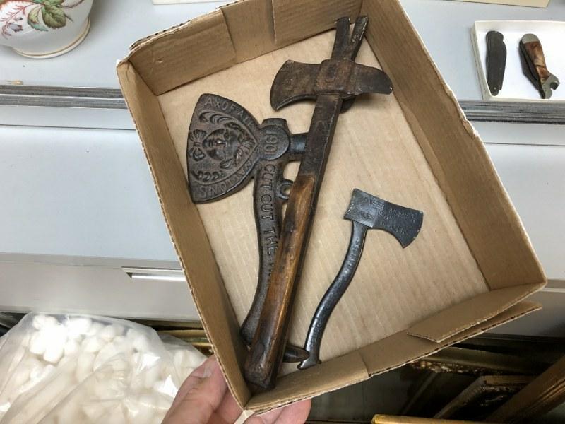 (3) HATCHETS, GENERAL ELECTRIC RANGES, REPRODUCED: (3) HATCHETS, GENERAL ELECTRIC RANGES, REPRODUCED LAURET STOVES & RANGES, AND ANOTHER TOOL.