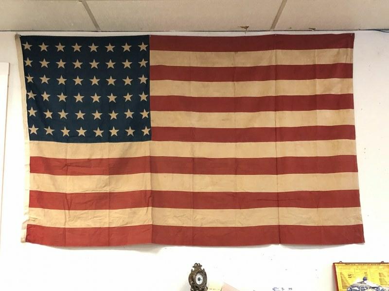 48 STAR AMERICAN FLAG, PULLED OUT OF HUDSON VALLEY: 48 STAR AMERICAN FLAG, PULLED OUT OF HUDSON VALLEY ATTIC, NO MARKINGS, NICE ESTATE FOUND CONDITION, MEASURES 57" X 90".