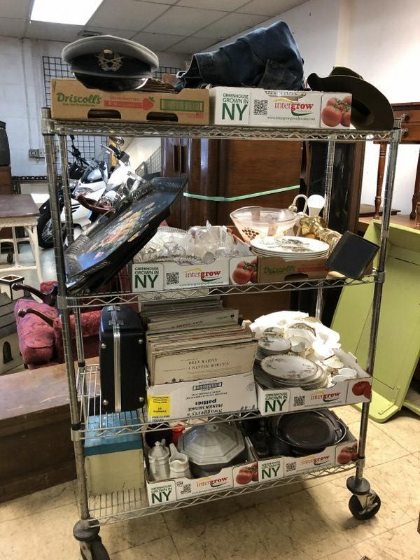 CART LOT MISC. ESTATE GOODS, OLD PORCELAINS, OLDER: CART LOT MISC. ESTATE GOODS, OLD PORCELAINS, OLDER RECORDS, TOLEWARE, JEAN JACKET, HATS, ETC. NO SHIPPING, LOCAL PICK UP ONLY.
