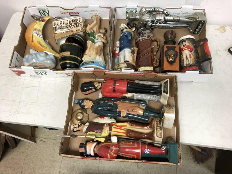 (3) TRAY LOTS OF OLDER LIQUOR FIGURAL DECANTERS, PICK: (3) TRAY LOTS OF OLDER LIQUOR FIGURAL DECANTERS, PICK UP ONLY, NO SHIPPING. FROM LOCAL ESTATE.