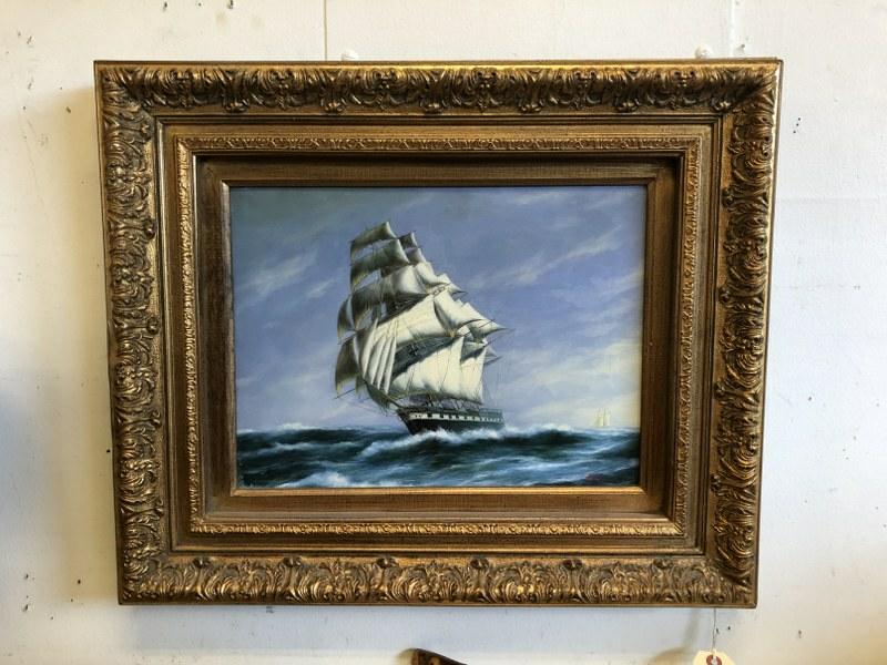 O/C SAILBOAT, SIGNED EDWIN, MEASURES 12" X 16".: O/C SAILBOAT, SIGNED EDWIN, MEASURES 12" X 16".