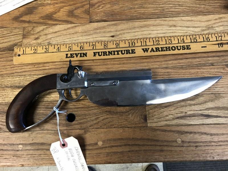ELGIN CUTLASS PATENT BLACK POWDER PISTOL, WITH CUTLASS,: ELGIN CUTLASS PATENT BLACK POWDER PISTOL, WITH CUTLASS, HAS 1837 STAMPED ON TOP, 160-160. 50 CALIBER. FROM ESTATE OF HUDSON VALLEY GENTLEMAN, N.Y. STATE BUYERS NEED LICENSE, OUT OF STATE BUYERS SHIPPE