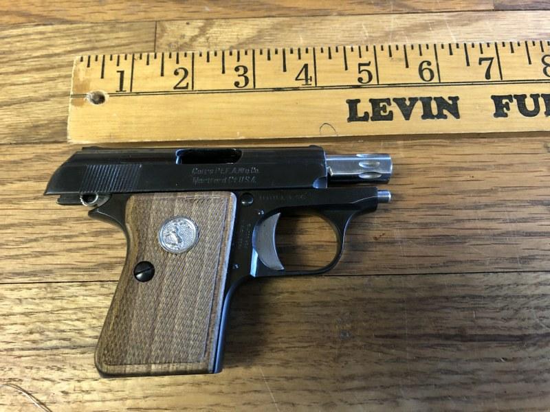 COLT MODEL JUNIOR .25 CAL. SEMI AUTOMATIC , NEED PISTOL: COLT MODEL JUNIOR .25 CAL. SEMI AUTOMATIC , NEED PISTOL PERMIT, SERIAL NUMBER 80813CC. NO CLIP. FROM ESTATE OF HUDSON VALLEY GENTLEMAN, N.Y. STATE BUYERS NEED LICENSE, OUT OF STATE BUYERS SHIPPED TO F