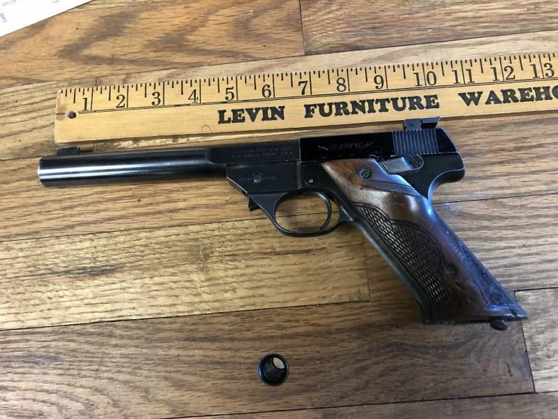 HIGH STANDARD OLYMPIC MODEL, NO MAGAZINE, NEED PISTOL: HIGH STANDARD OLYMPIC MODEL, NO MAGAZINE, NEED PISTOL PERMIT, 22 CAL. SHORT, SERIAL NUMBER 330715. FROM ESTATE OF HUDSON VALLEY GENTLEMAN, N.Y. STATE BUYERS NEED LICENSE, OUT OF STATE BUYERS SHIPPED T
