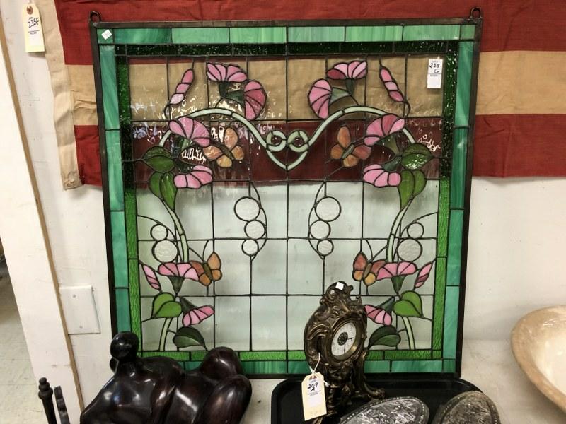OLDER STAINED GLASS WINDOW, FEW SMALL CRACKS, MEASURES: OLDER STAINED GLASS WINDOW, FEW SMALL CRACKS, MEASURES 28" X 28"