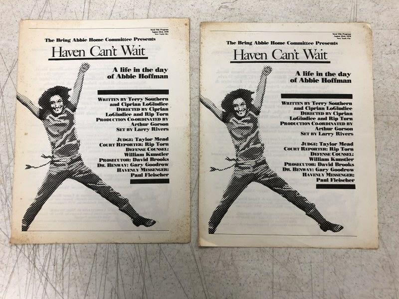 (2) ABBIE HOFFMAN PROGRAMS FOR HAVEN CAN: (2) ABBIE HOFFMAN PROGRAMS FOR HAVEN CAN'T WAIT, FROM THE BRING HOME ABBIE HOFFMAN COMMITTEE. AUGUST 23, 1978, POSSIBLY FOR A RALLY, PLAY, OR FOR SUPPORT OF HIS RELEASE, 4 PAGES, INCLUDING FRONT AND B