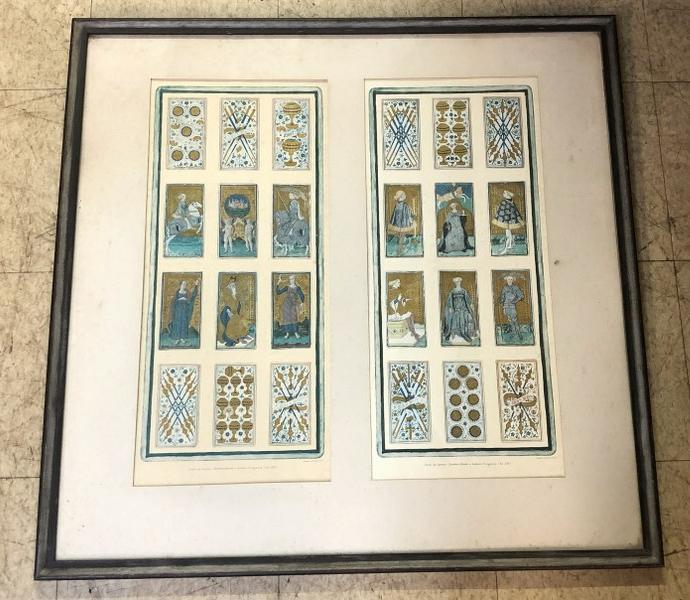 LARGE FRAMED TAROT CARDS PRINT, FROM OLDER NYC ESTATE,: LARGE FRAMED TAROT CARDS PRINT, FROM OLDER NYC ESTATE, ON BOTTOM PRINTED CARTE DA TAROCCO BONIFACTIO BEMBO E ANTONIO CICOGNARA (SEC.XVI) BERGAMO, ACCADEMIA CARRARA. FRAME MEASURES 34" X 34".