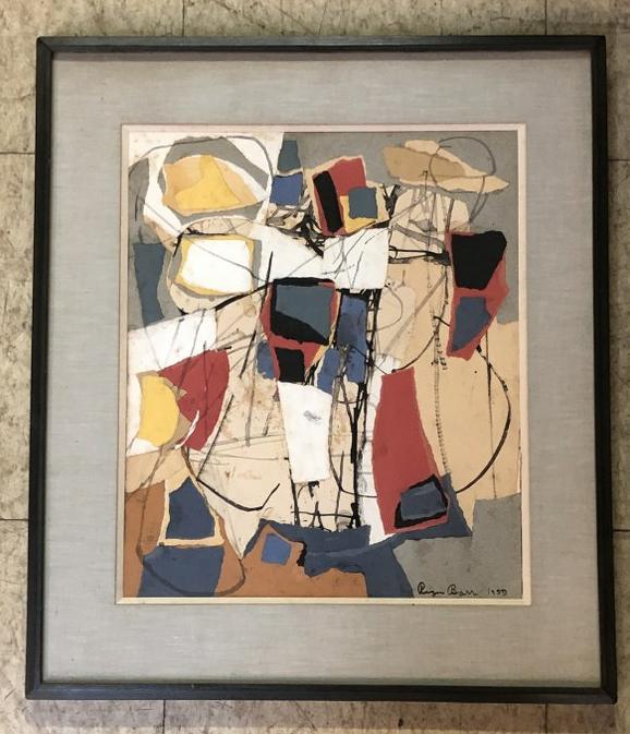 ROGER BARR (1921-2000) MID CENTURY ABSTRACT COLLAGE,: ROGER BARR (1921-2000) MID CENTURY ABSTRACT COLLAGE, SIGNED AND DATED 1959, LOWER RIGHT, MATTED AND FRAMED FROM THE PERIOD. COLLAGE MEASURES 15" X 12.5".