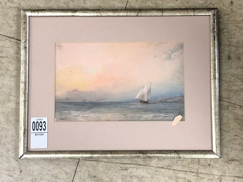 GIUSEPPE CALI (MALTA 1846-1930) W/C - GOUACHE SMALL: GIUSEPPE CALI (MALTA 1846-1930) W/C - GOUACHE SMALL SEASCAPE WITH SAILBOATS, HAS A PAINT CHIP LAYING UNDER GLASS, SIGNED LOWER RIGHT, NICELY FRAMED AND MATTED. FROM ALBANY, N.Y. ESTATE, PAINTING MEASU