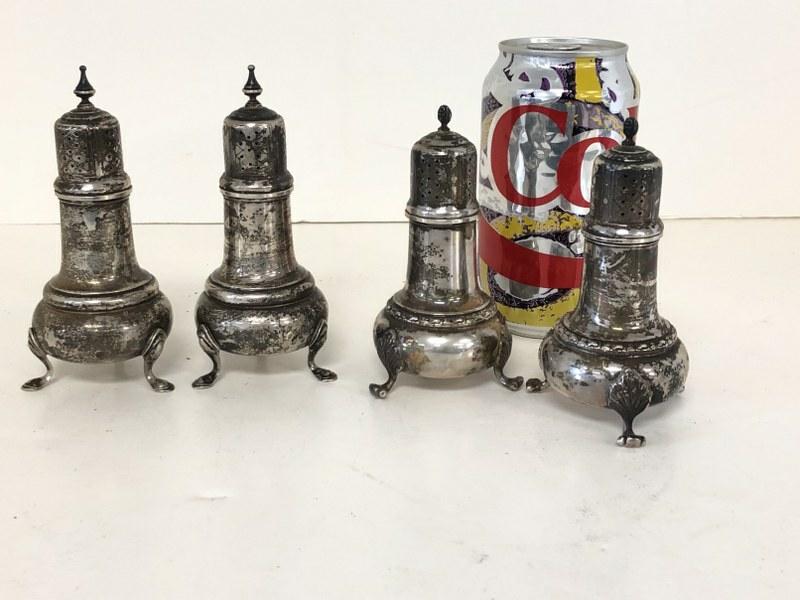(4) 2 PAIRS OF STERLING SALT & PEPPER SHAKERS, MADE BY: (4) 2 PAIRS OF STERLING SALT & PEPPER SHAKERS, MADE BY FRANK WHITING CO. NICE CONDITION, FROM OLDER HUDSON VALLEY ESTATE, CAN USE A POLISHING, IF DESIRED, WEIGHT IS 8.91 TROY OUNCES.