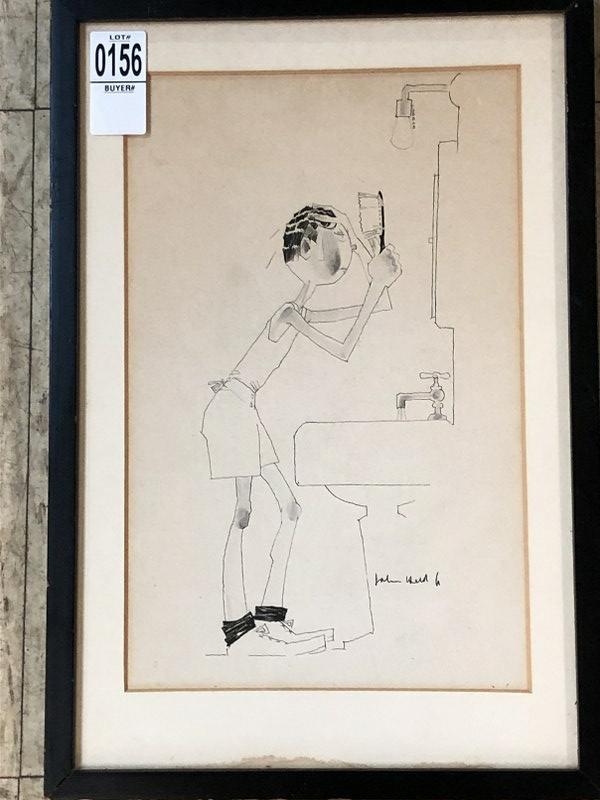 JOHN HELD JR. (1889-1958) ORIGINAL PEN &: JOHN HELD JR. (1889-1958) ORIGINAL PEN & INKILLUSTRATION OF MAN BRUSHING HIS HAIR IN BATHROOM. SIGNED LOWER RIGHT, MEASURES 11" X 7". FROM ESTATE IN HUDSON VALLEY, WHO HAD HIS WORKS, WHICH WE ARE SELL