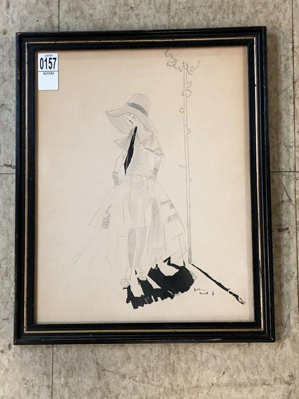 JOHN HELD JR. (1889-1958) ORIGINAL PEN & INK: JOHN HELD JR. (1889-1958) ORIGINAL PEN & INK ILLUSTRATION, WITH WOMAN DRESSED UP, AND IN FLOPPY HAT, SIGNED LOWER RIGHT. MEASURES 14" X 11". FROM HUDSON VALLEY ESTATE WHICH COLLECTED HIS WORKS, WRITTE
