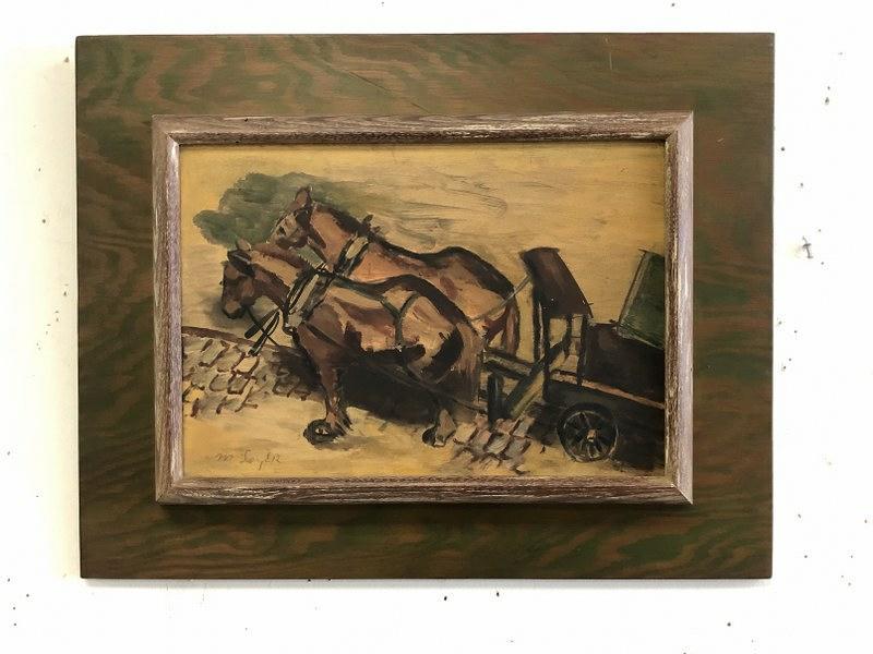 MOSES SOYER O/B HORSES PULLING WAGON, SIGNED LOWER: MOSES SOYER O/B HORSES PULLING WAGON, SIGNED LOWER LEFT, FROM WOODSTOCK, NEW YORK ESTATE, PAINTING MEASURES 10.75" X 15", IN FRAME OF THE PERIOD. WONDERFUL ESTATE FOUND CONDITION.
