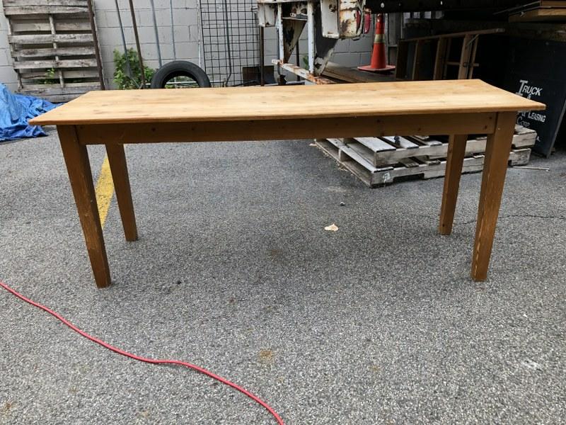 PINE WORK TABLE, NOT ANTIQUE,NICE WORN LOOK, MEASURES: PINE WORK TABLE, NOT ANTIQUE,NICE WORN LOOK, MEASURES 72" X 23 .5" WIDE X 30" HIGH. FROM NYC WEEKENDERS HUDSON VALLEY HOME.