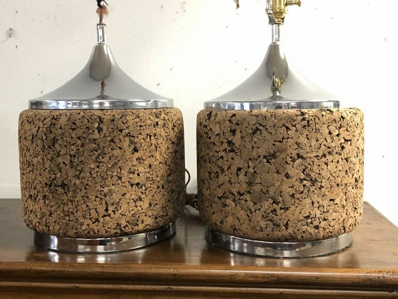 PR. MID CENTURY MODERN CORK AND CHROME TABLE LAMPS,: PR. MID CENTURY MODERN CORK AND CHROME TABLE LAMPS, OVERALL NICE CONDITION, THE ONE LAMP NEEDS A NEW SOCKET, AS PICTURED, MEASURE 23" HIGHT O TOP OF HARP. HAS A FEW SMALL PICES OF CORK OFF BASE, DOESN