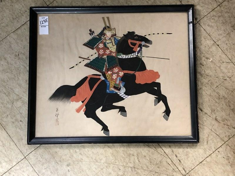 ASIAN PAINTING (?) OR WOODBLOCK ON FABRIC, OF WARRIOR: ASIAN PAINTING (?) OR WOODBLOCK ON FABRIC, OF WARRIOR ON HORSE, SIGNED AS PICTURED, FROM OLDER ESTATE IN HUDSON VALLEY, MEASURES 14" X 17.5".