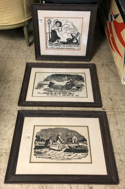 (3) JOHN HELD JR. WOODBLOCK PRINTS, (2) SIGNED MRS.: (3) JOHN HELD JR. WOODBLOCK PRINTS, (2) SIGNED MRS. JOHN HELD JR. 1964. ALL IN NICE MATCHING FRAMES OF THE PERIOD, FRAMES MEASURE 19" X 20.5", PRINTS 11" X 18" AND 12" X 13". FROM HUDSON VALLEY ESTATE