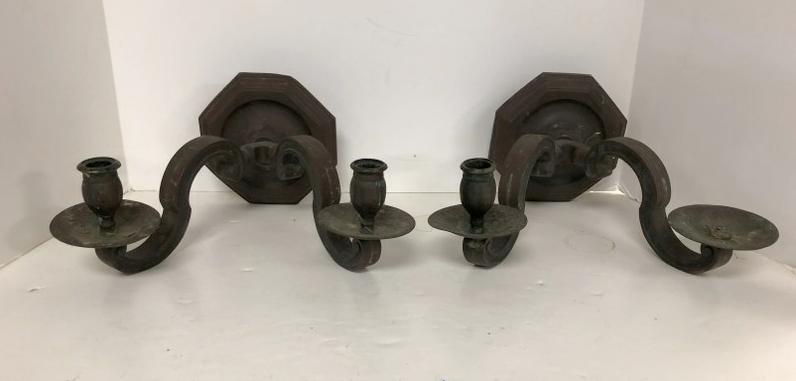 PR. CIRCA 1900 BRONZE SCONCES, ONE MISSING CANDLE: PR. CIRCA 1900 BRONZE SCONCES, ONE MISSING CANDLE HOLDER, NICE PATINA, MEASURE 12" ACROSS, AND 10" FRONT TO BACK. FROM HUDSON VALLEY ESTATE.