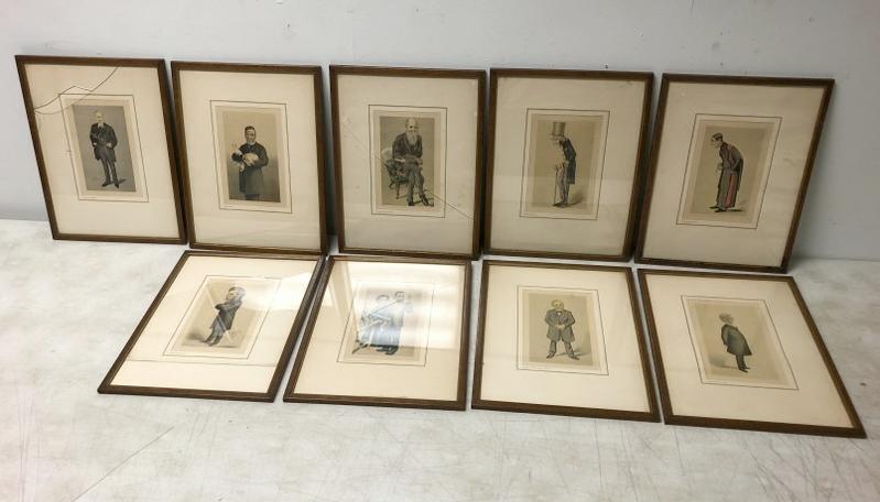 (9) PERIOD VANITY FAIR SPY PRINTS FROM LOCAL ESTATE: (9) PERIOD VANITY FAIR SPY PRINTS FROM LOCAL ESTATE ATTIC, A FEW WITH BROKEN GLASS ON FRAMES, ALL IN NICE MATCHING FRAMES OF THE PERIOD. INCLUDES SIR JAMES PAGET,BART,- CHARLES ROBERT DARWIN - SIR RIC