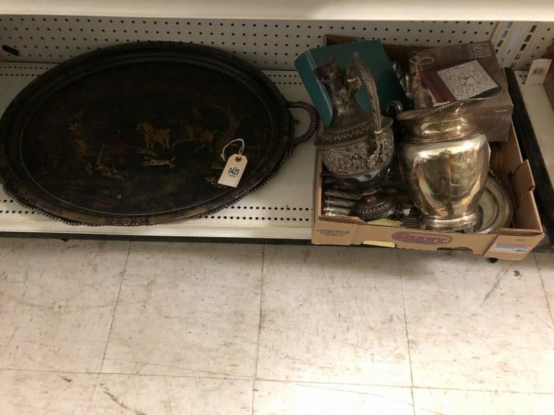 BIG METAL LOT INCL. OLD SILVERPLATE, TOLE TRAY,: BIG METAL LOT INCL. OLD SILVERPLATE, TOLE TRAY, FLATWARE, PITCHER, LARGE SILVERPLATE TRAY, ETC. FROM HUDSON VALLEY ESTATE, GOOD LOT FOR DEALER TO SORT OUT.