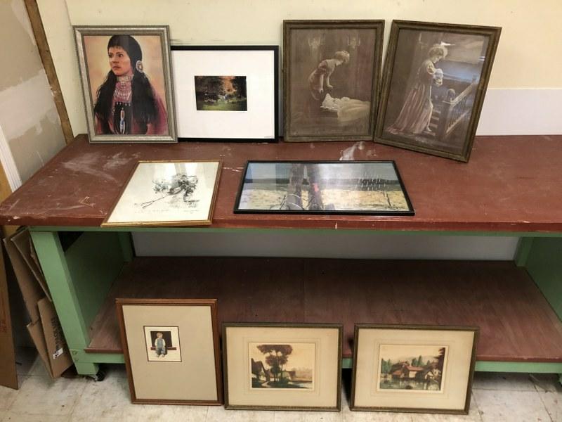 9 FRAMED PRINTS, SOME SIGNED, FROM CLOSED ANTIQUE: 9 FRAMED PRINTS, SOME SIGNED, FROM CLOSED ANTIQUE CENTER IN KINGSTON.