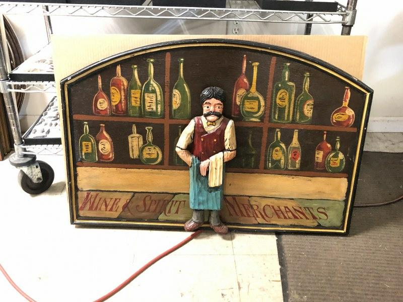 CONTEMPORARY WOOD WINE & SPIRITS MERCHANTS SIGN,: CONTEMPORARY WOOD WINE & SPIRITS MERCHANTS SIGN, MEASURES 35.5" X 24", GOOD CONDITION.