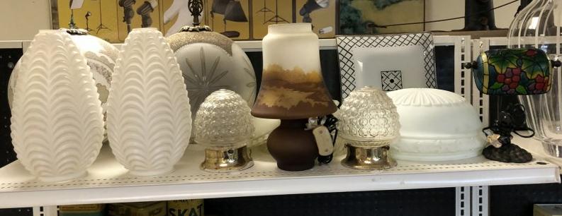 SHELF OF OLDER MISC. LIGHTING, SHADES, AND RELATED FROM: SHELF OF OLDER MISC. LIGHTING, SHADES, AND RELATED FROM CLOSED ANTIQUE CENTER IN KINGSTON.