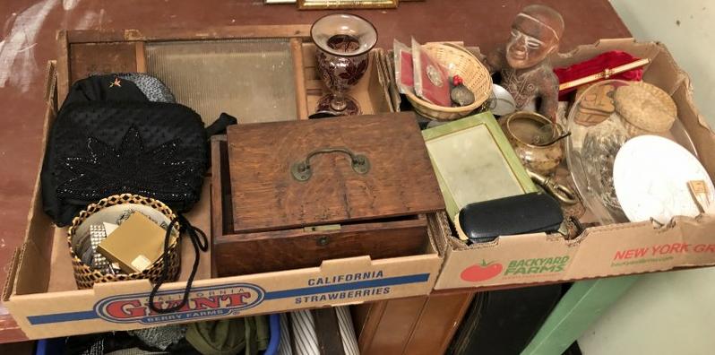 (2)TRAYS OF MISC. ESTATE OLDER ITEMS, COSTUME JEWELRY,: (2)TRAYS OF MISC. ESTATE OLDER ITEMS, COSTUME JEWELRY, BOXES, BRASSES, STEUBEN DISH, ETC. GOOD LOT FOR DEALER TO SORT OUT.