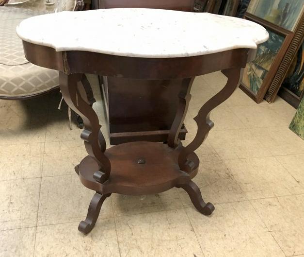 VICTORIAN MARBLE TOP TABLE, IN GOOD ESTATE CONDITION,: VICTORIAN MARBLE TOP TABLE, IN GOOD ESTATE CONDITION, TOP MEASURES 32" X 21" X 29.5" HIGH.