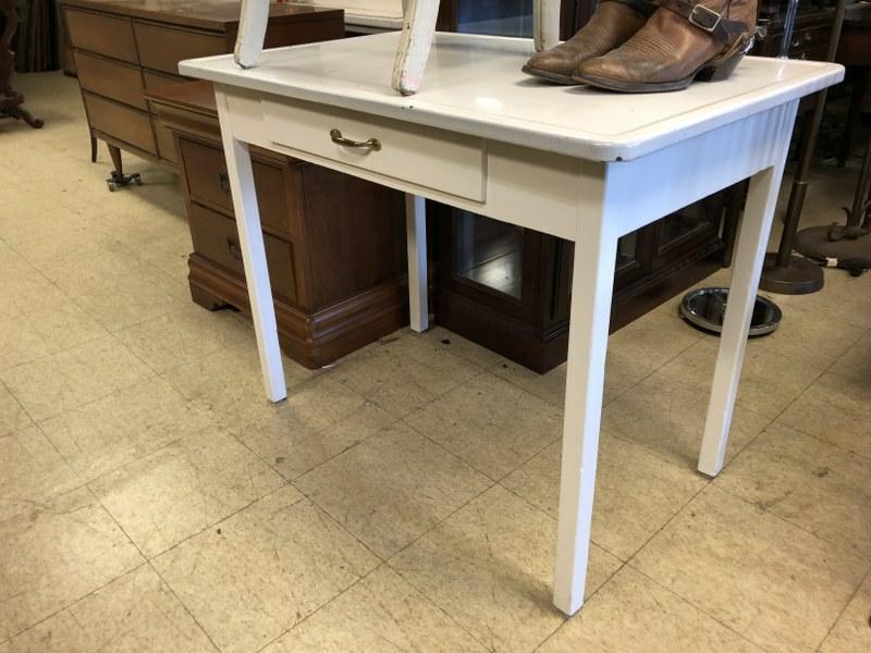 OLD ONE DRAWER PORCELAIN TOP TABLE, MEASURES 40" BY 25": OLD ONE DRAWER PORCELAIN TOP TABLE, MEASURES 40" BY 25" BY 31" HIGH
