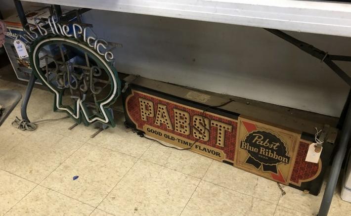 2 OLDER PABST BEER SIGNS INCLUDING NEON W/A BREAK IN: 2 OLDER PABST BEER SIGNS INCLUDING NEON W/A BREAK IN THE NEON TUBE AND A PABST LIGHT UP SIGN, BOTH IN AS FOUND CONDITION