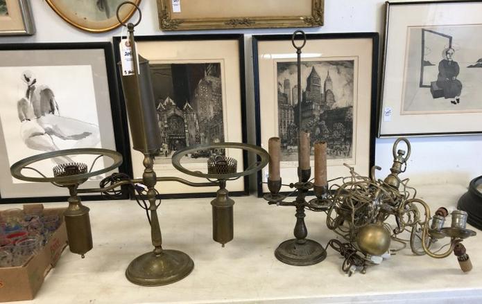 ESTATE BRASS LIGHTING FIXTURES IN AS FOUND ESTATE: ESTATE BRASS LIGHTING FIXTURES IN AS FOUND ESTATE CONDITION INCLUDING DOULBLE STUDENT LAMP, TABLE LAMP W/3 SOCKETS AND HANGING FIXTURE W/1 BROKEN ARM