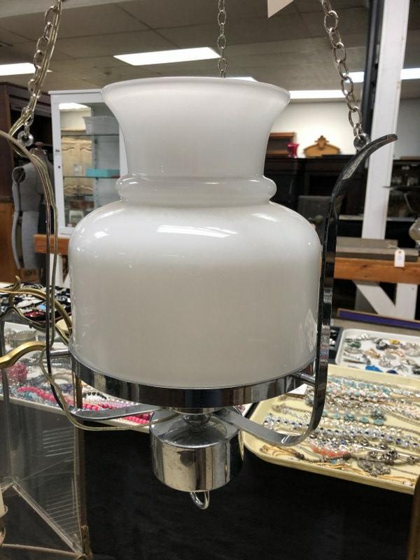 HANGING MID CENTURY CHROME AND CASED GLASS LIGHT, GOOD: HANGING MID CENTURY CHROME AND CASED GLASS LIGHT, GOOD ESTATE CONDITION, MEASURES 34" FROM CAP TO BASE