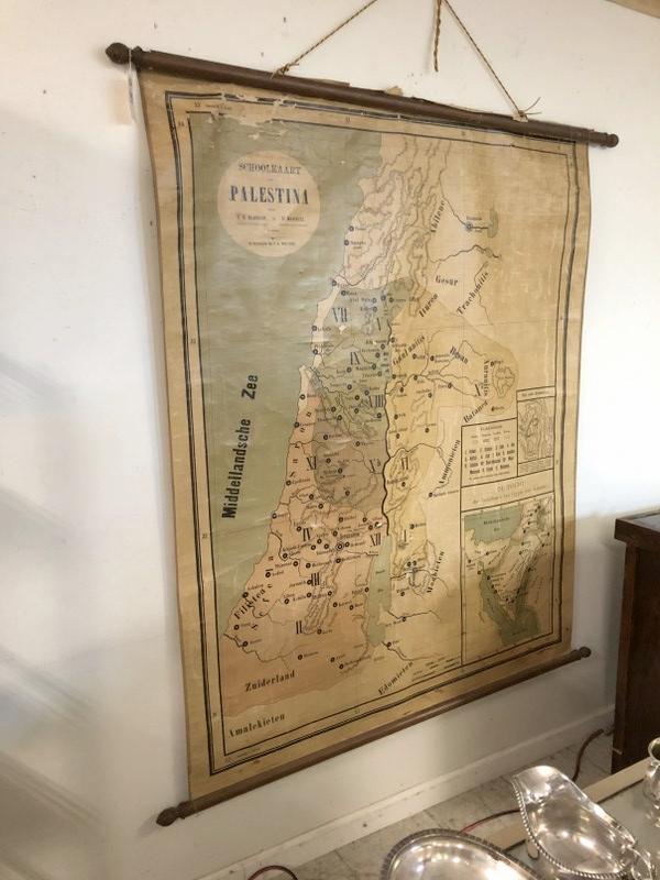 PALESTINA ROLL DOWN SCHOOL MAP, IN AS FOUND ESTATE: PALESTINA ROLL DOWN SCHOOL MAP, IN AS FOUND ESTATE CONDITION, MAKER IS PICTURED, HAS SOME RIPS, PAPER WORN OFF, BOTH WOOD RODS INTACT, MEASURES 64" X 51 1/2"