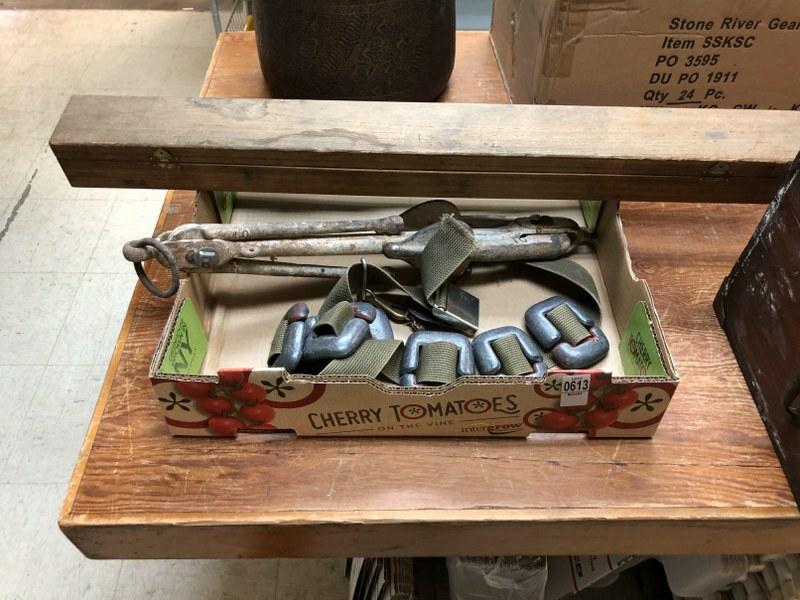 MISC ESTATE LOT INCLUDING SPLIT BAMBOO FISHING POLE,: MISC ESTATE LOT INCLUDING SPLIT BAMBOO FISHING POLE, ANCHOR AND MILITARY DIVING WEIGHTS
