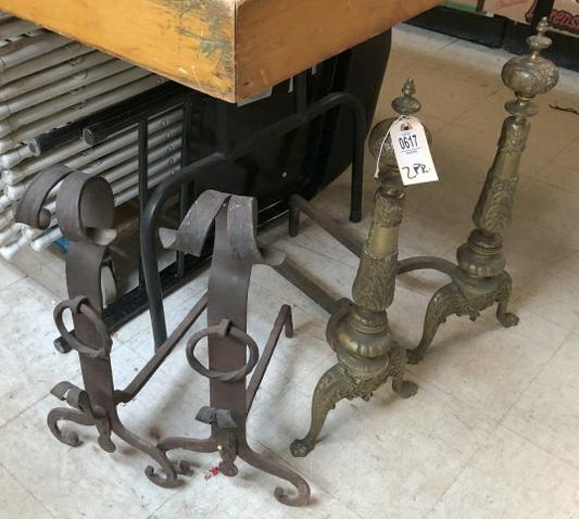2 OLD PAIRS OF ANDIRONS, 1 BRASS AND 1 HAND WROUGHT: 2 OLD PAIRS OF ANDIRONS, 1 BRASS AND 1 HAND WROUGHT IRON