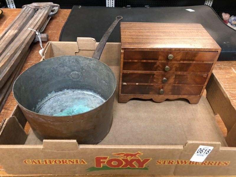 MISC LOT- SMALL 4 DRAWER JEWELRY BOX AND COPPER POT: MISC LOT- SMALL 4 DRAWER JEWELRY BOX AND COPPER POT