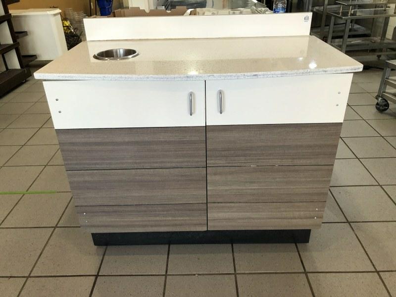 2 DOOR CABINET WITH TRASH CAN INSIDE AND SHELVES,: 2 DOOR CABINET WITH TRASH CAN INSIDE AND SHELVES, FORMICA BASE WITH GRANITE TOP. 42.5" WIDE X 35" HIGH X 21.5" DEEP. THIS LOCATION IS LOCATED AT 295 WALL STREET, KINGSTON, NEW YORK 12401, IT CAN BE PR