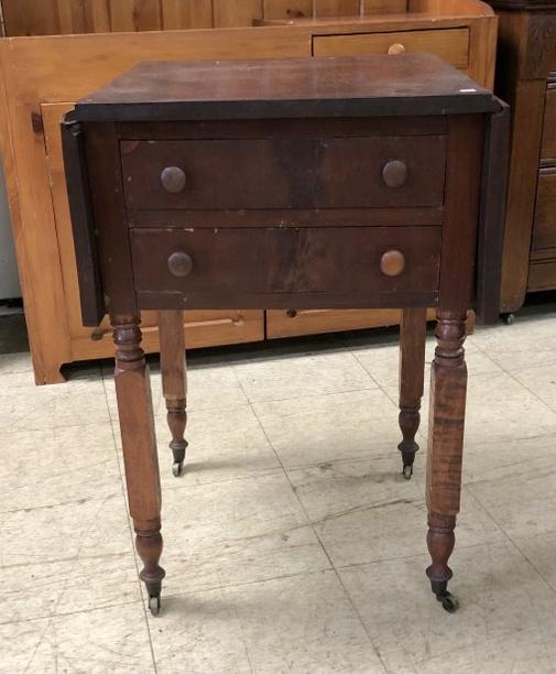 COUNTRY 2 DRAWER DROP LEAF WORK TABLE, CHERRY, GOOD: COUNTRY 2 DRAWER DROP LEAF WORK TABLE, CHERRY, GOOD OVERALL CONDITION, FROM ALBANY ESTATE. HAS NEW YORK LEG, ORIGINAL BRASS CASTORS.