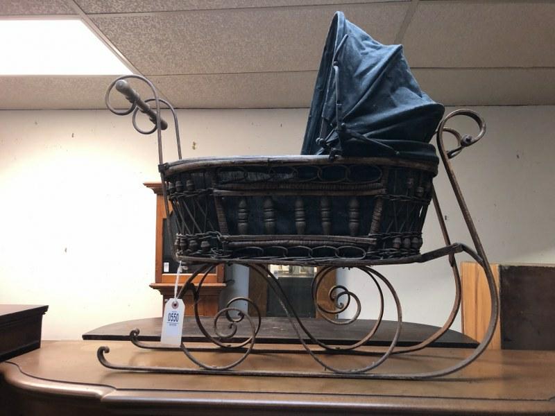 DECORATIVE PUSH BABY SLEIGH, IN GOOD CONDITION, NOT: DECORATIVE PUSH BABY SLEIGH, IN GOOD CONDITION, NOT ANTIQUE, MEASURES 28" LONG, GREAT FOR THAT ANTIQUE DOLL DISPLAYâ€¦.